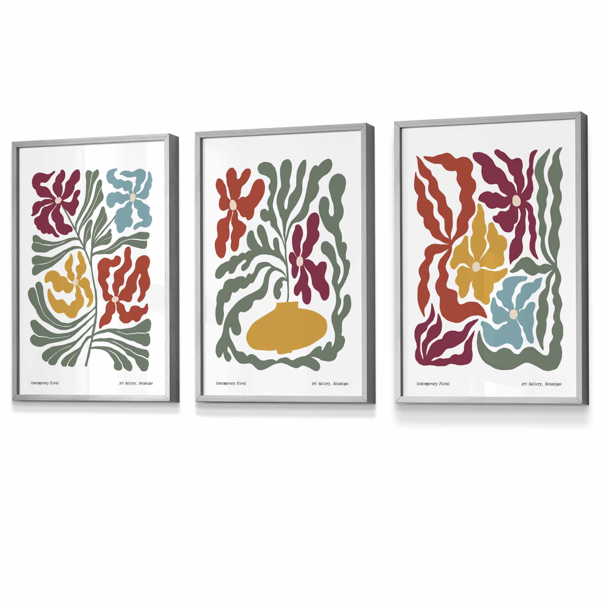 Set of 3 Contemporary Boho Floral FRAMED Wall Art in Bright Spring Colours | Artze Wall Art UK