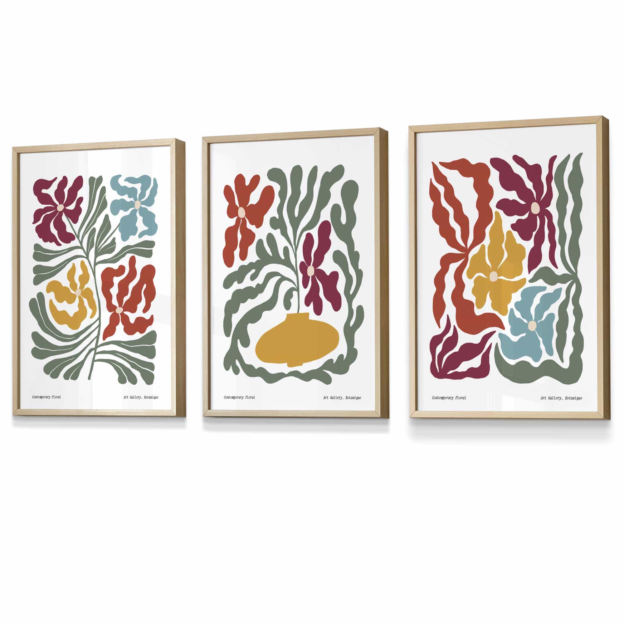 Set of 3 Contemporary Boho Floral FRAMED Wall Art in Bright Spring Colours | Artze Wall Art UK