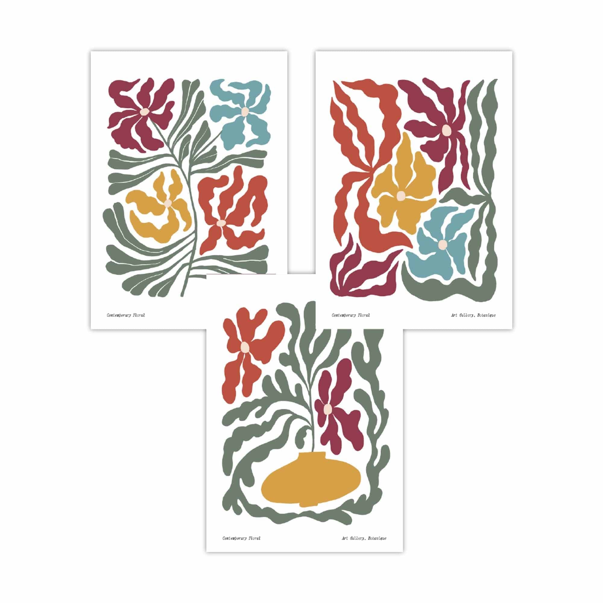 Set of 3 Contemporary Boho Floral Wall Art in Bright Spring Colours