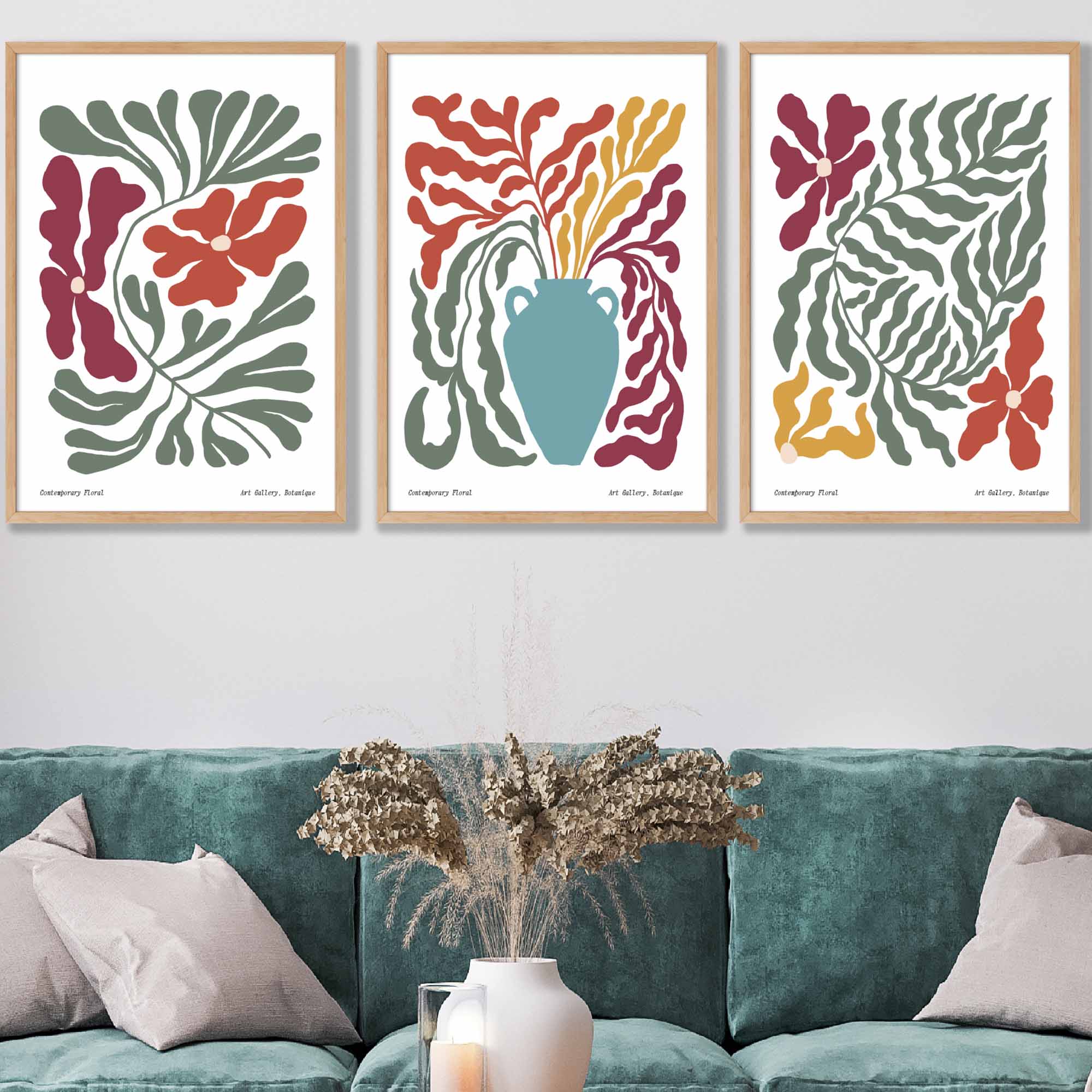 Set of 3 Contemporary Boho Botanical FRAMED Wall Art in Bright Spring Colours | Artze Wall Art UK