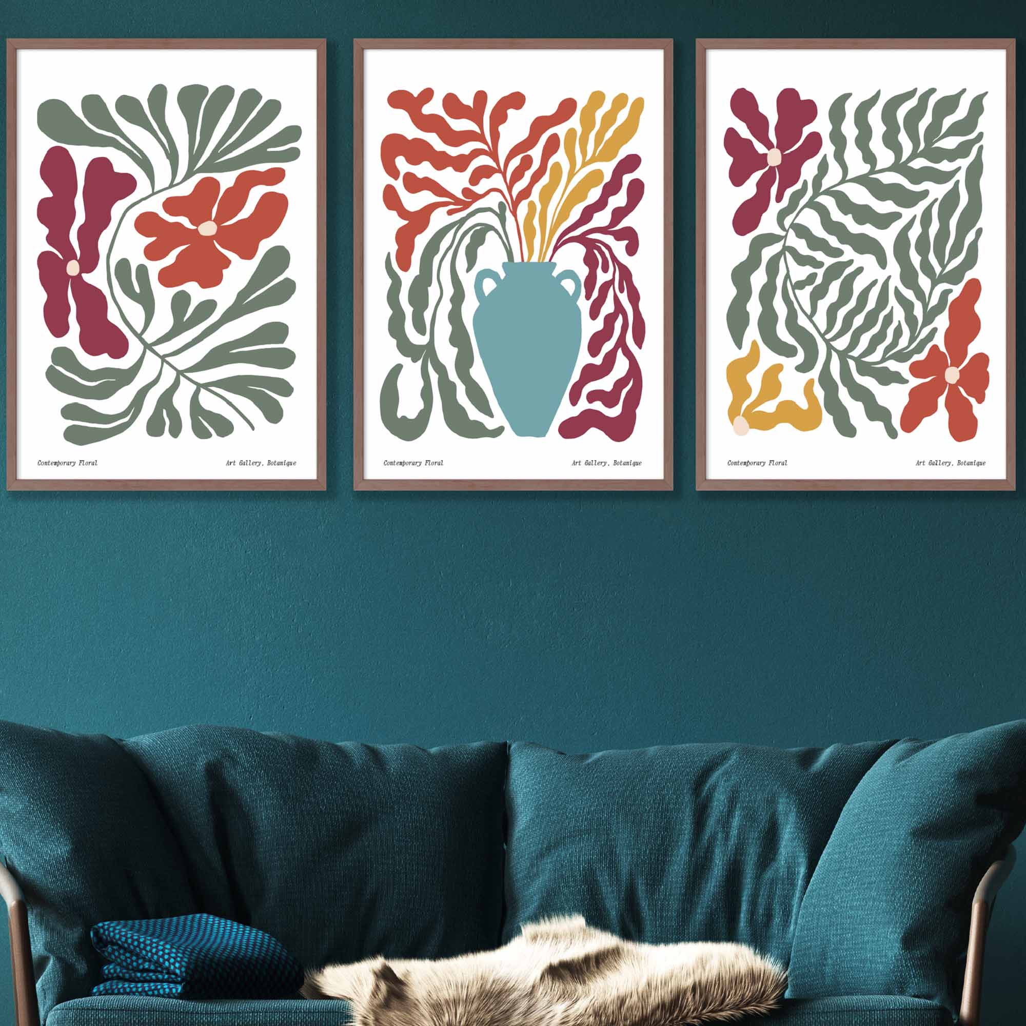 Set of 3 Contemporary Boho Botanical Wall Art in Bright Spring Colours