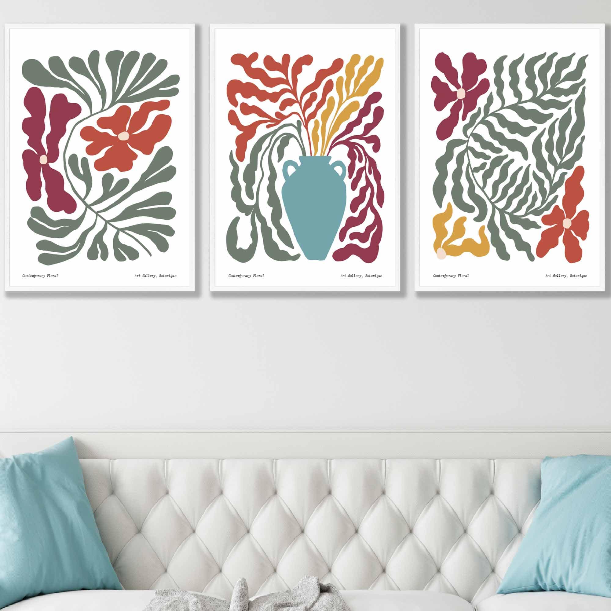 Set of 3 Contemporary Boho Botanical FRAMED Wall Art in Bright Spring Colours | Artze Wall Art UK