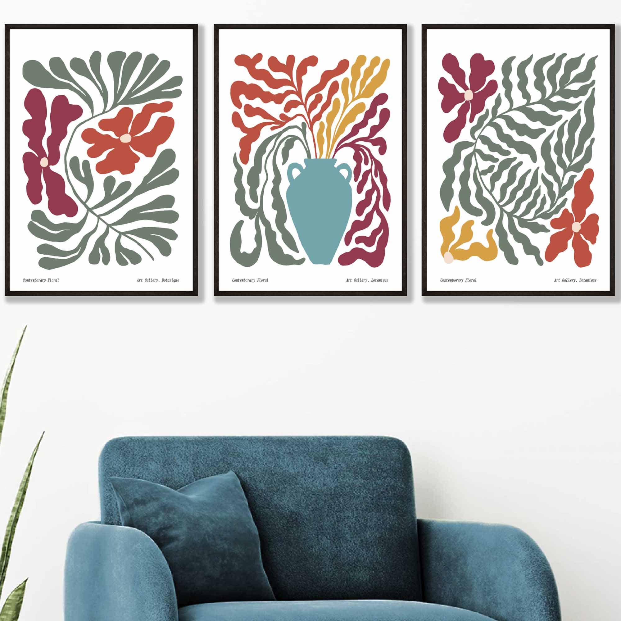 Set of 3 Contemporary Boho Botanical Wall Art in Bright Spring Colours