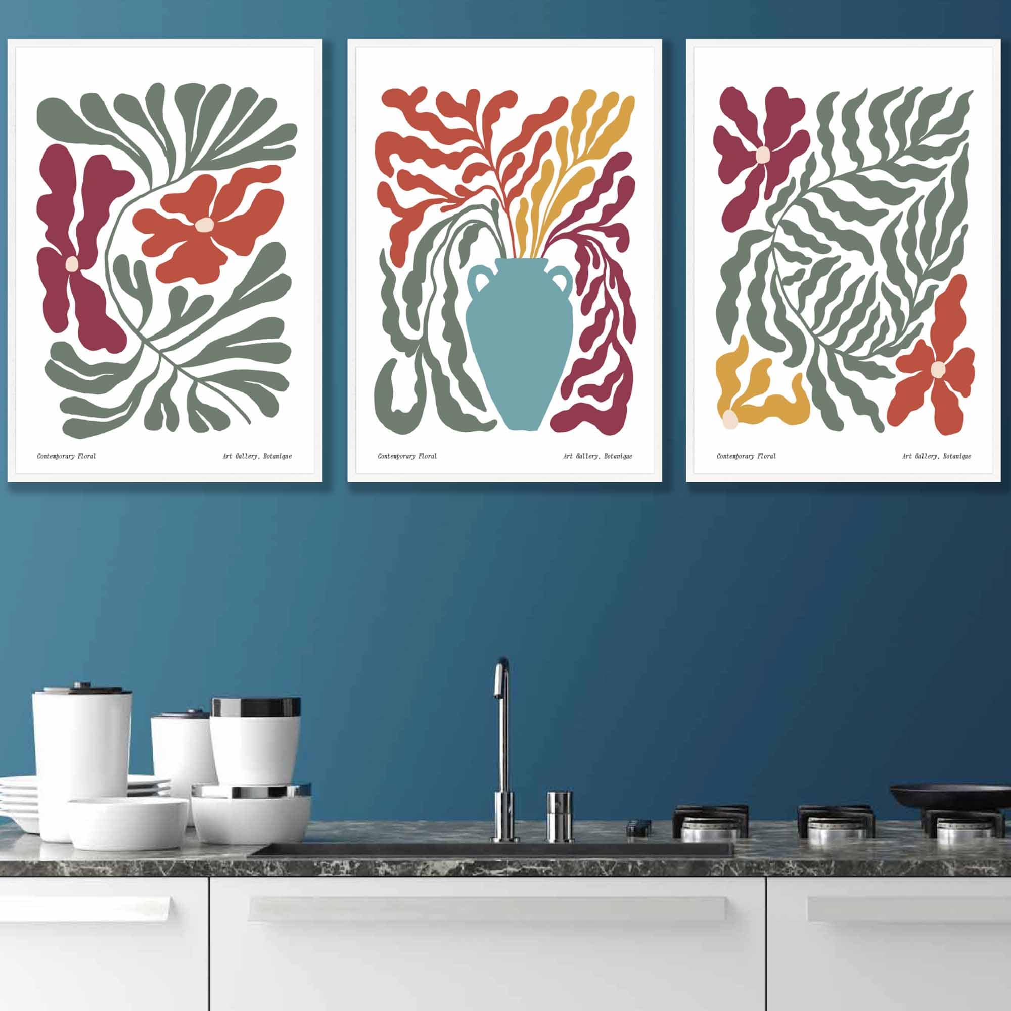 Set of 3 Contemporary Boho Botanical Wall Art in Bright Spring Colours