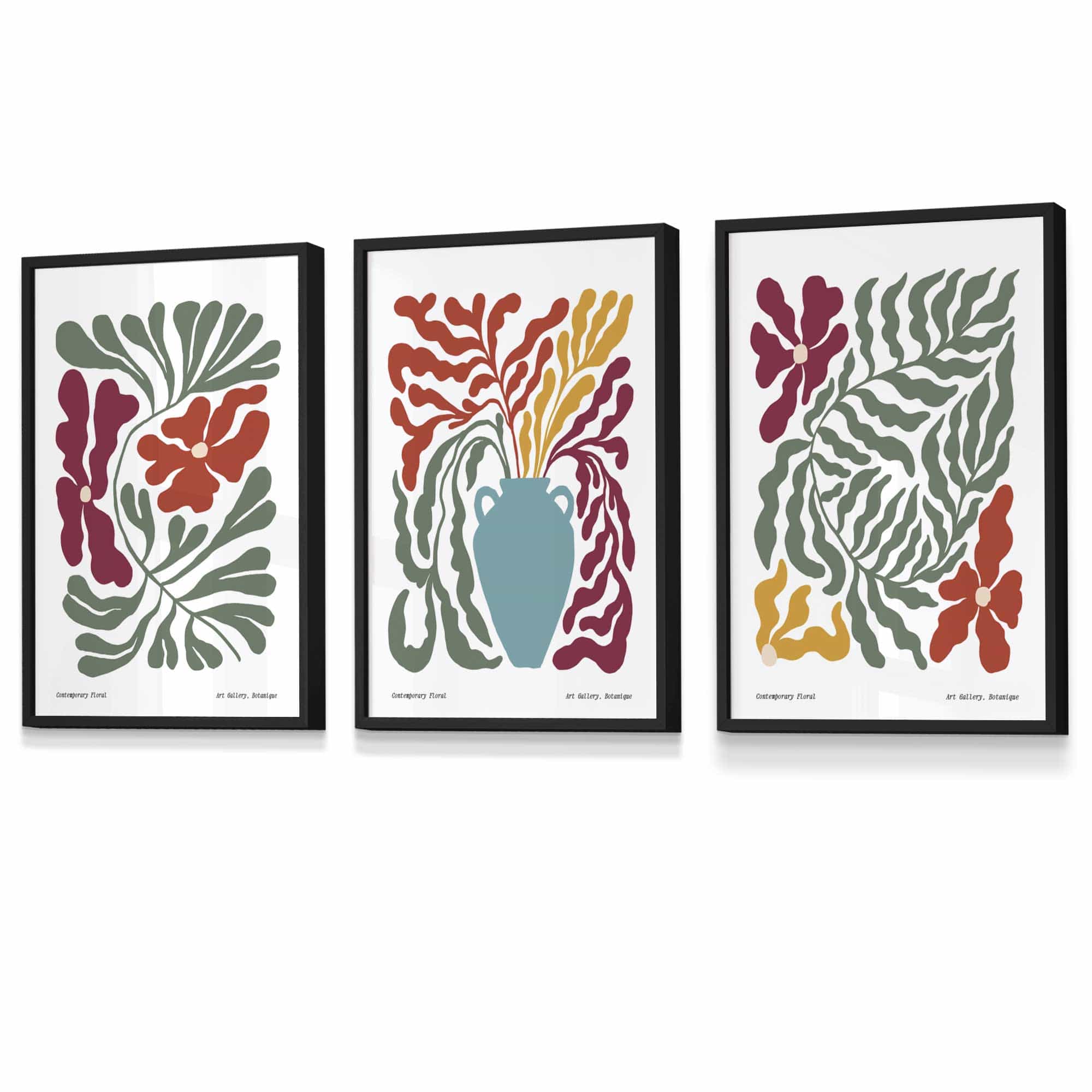 Set of 3 Contemporary Boho Botanical FRAMED Wall Art in Bright Spring Colours | Artze Wall Art UK