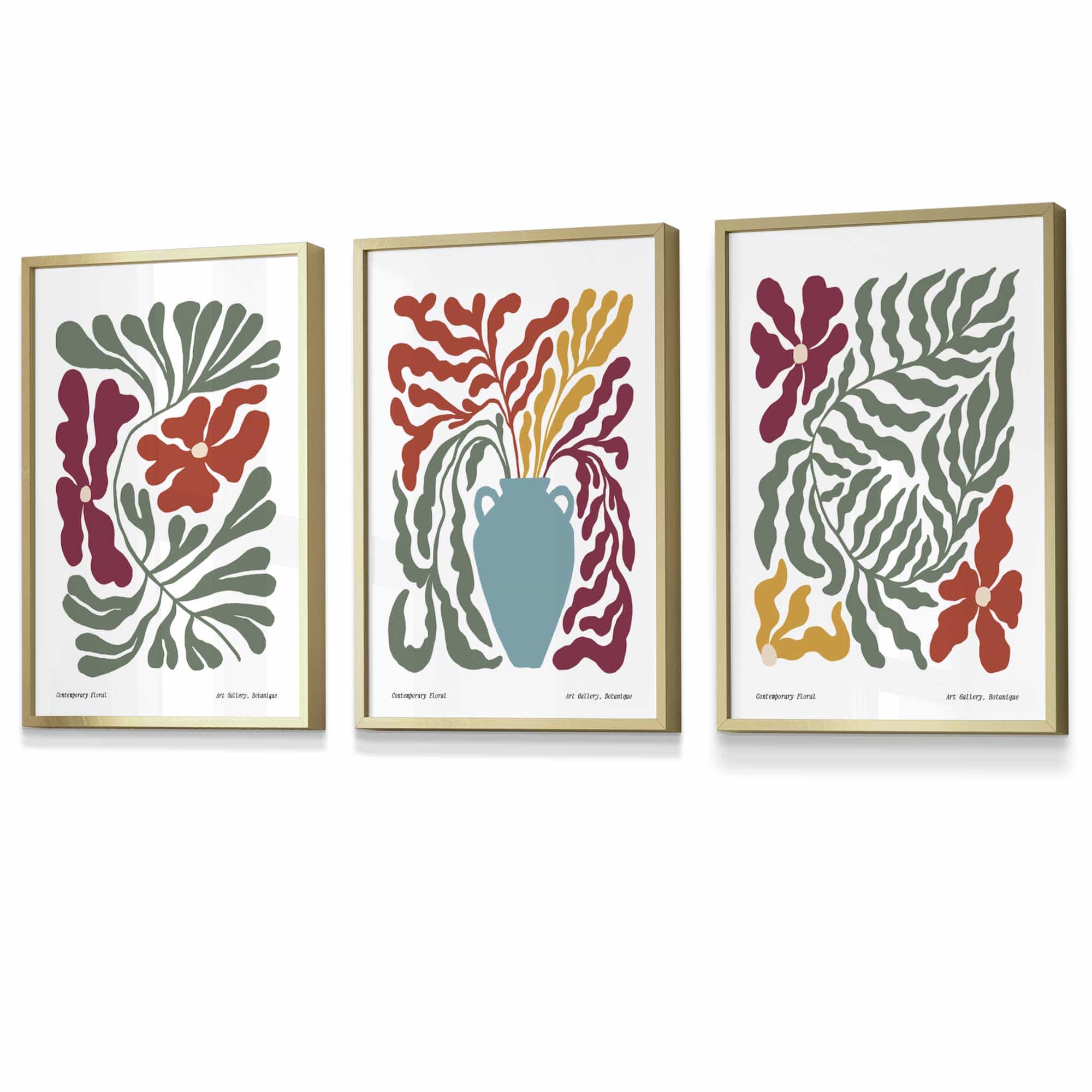 Set of 3 Contemporary Boho Botanical FRAMED Wall Art in Bright Spring Colours | Artze Wall Art UK