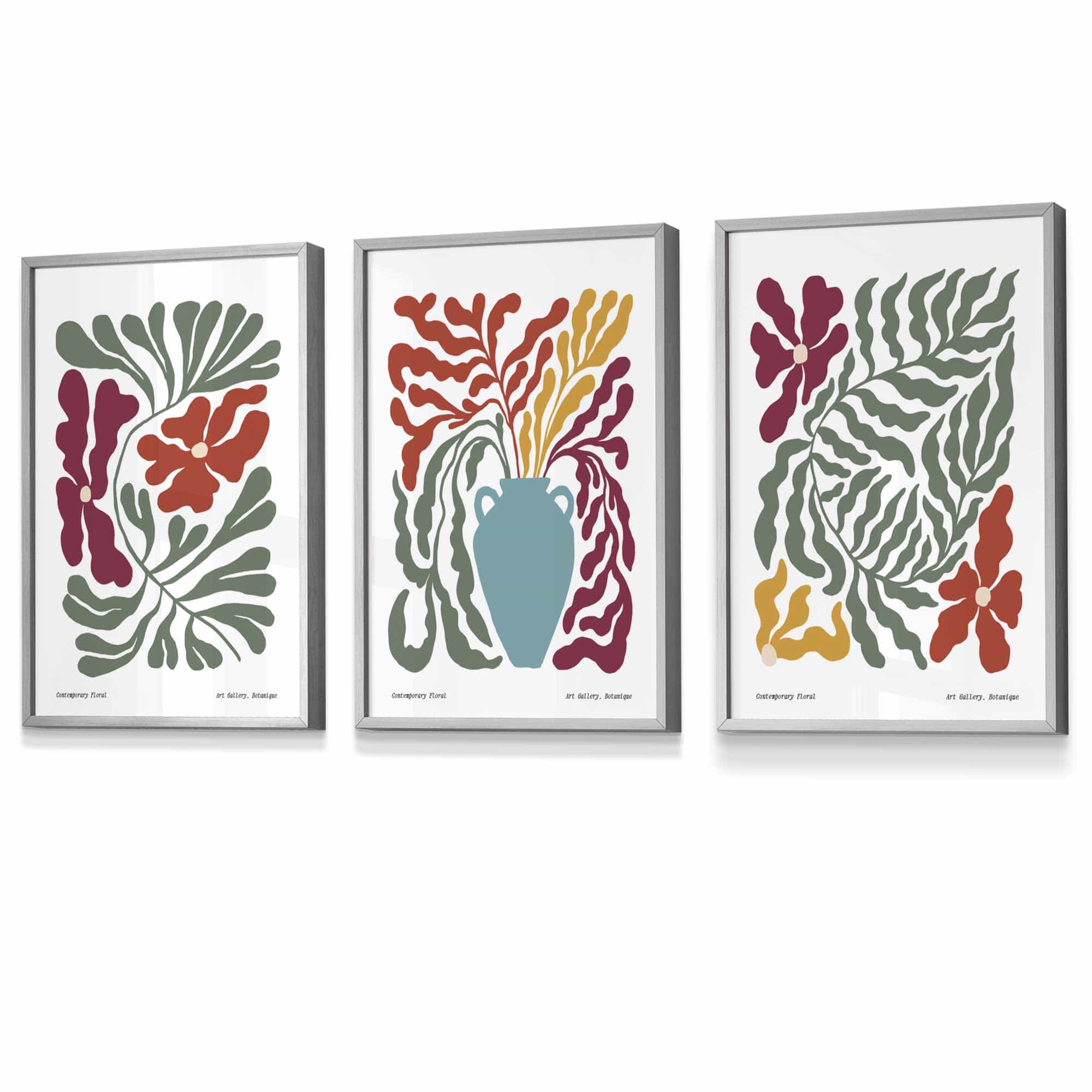 Set of 3 Contemporary Boho Botanical FRAMED Wall Art in Bright Spring Colours | Artze Wall Art UK