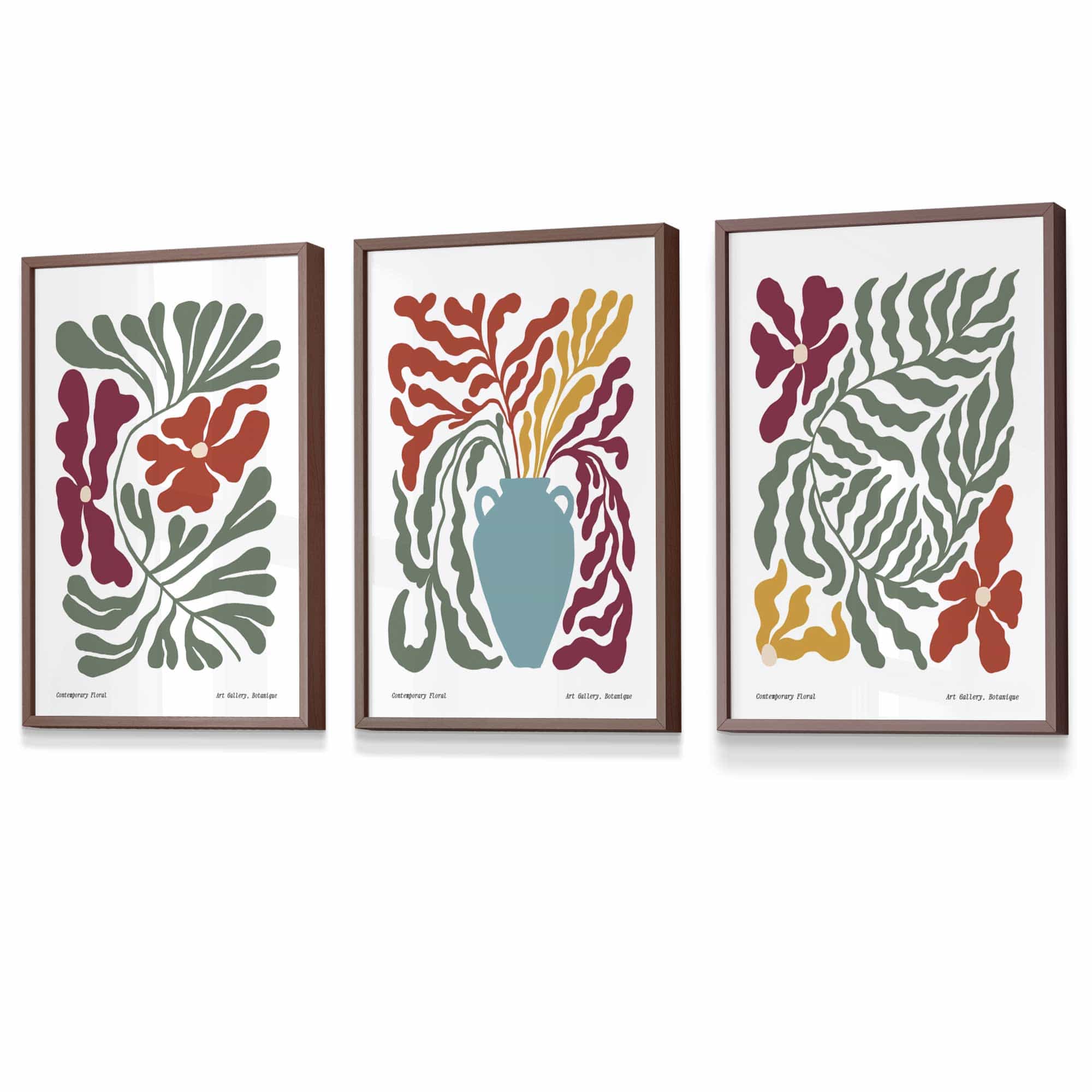 Set of 3 Contemporary Boho Botanical FRAMED Wall Art in Bright Spring Colours | Artze Wall Art UK