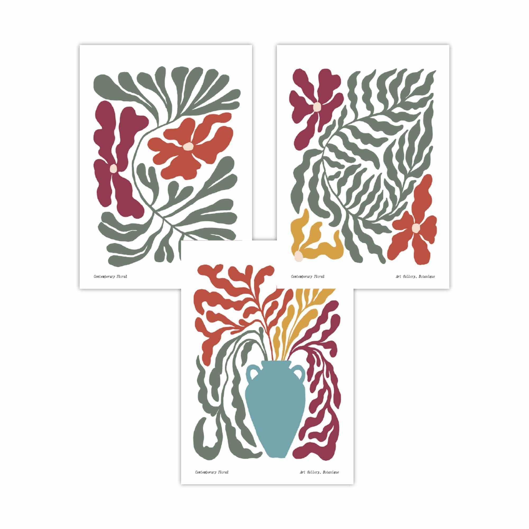 Set of 3 Contemporary Boho Botanical Wall Art in Bright Spring Colours