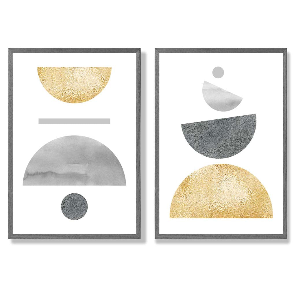 Mid Century Modern Grey and Yellow Set of 2 Art Prints with Dark Grey Frame