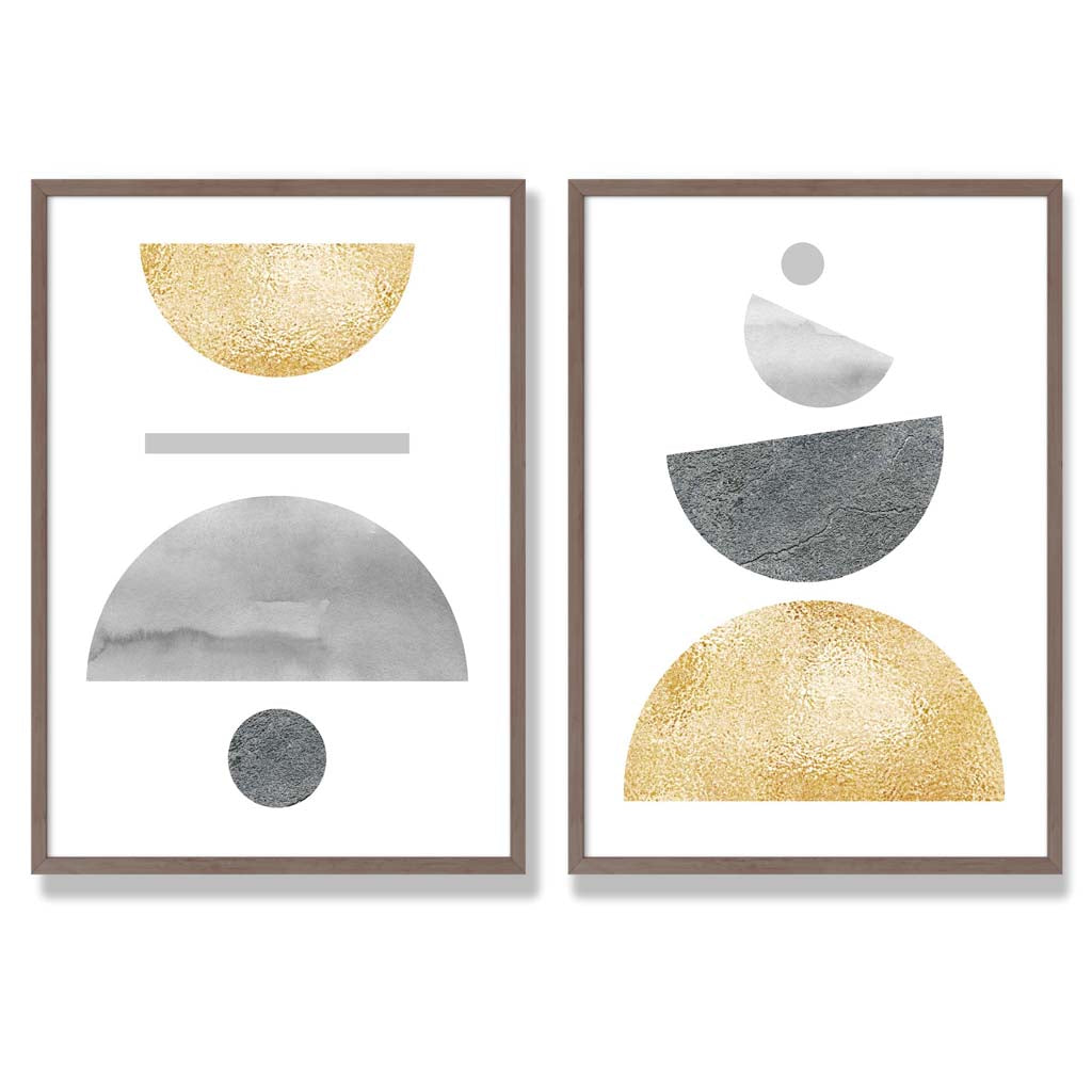 Mid Century Modern Grey and Yellow Set of 2 Art Prints with Walnut Frame