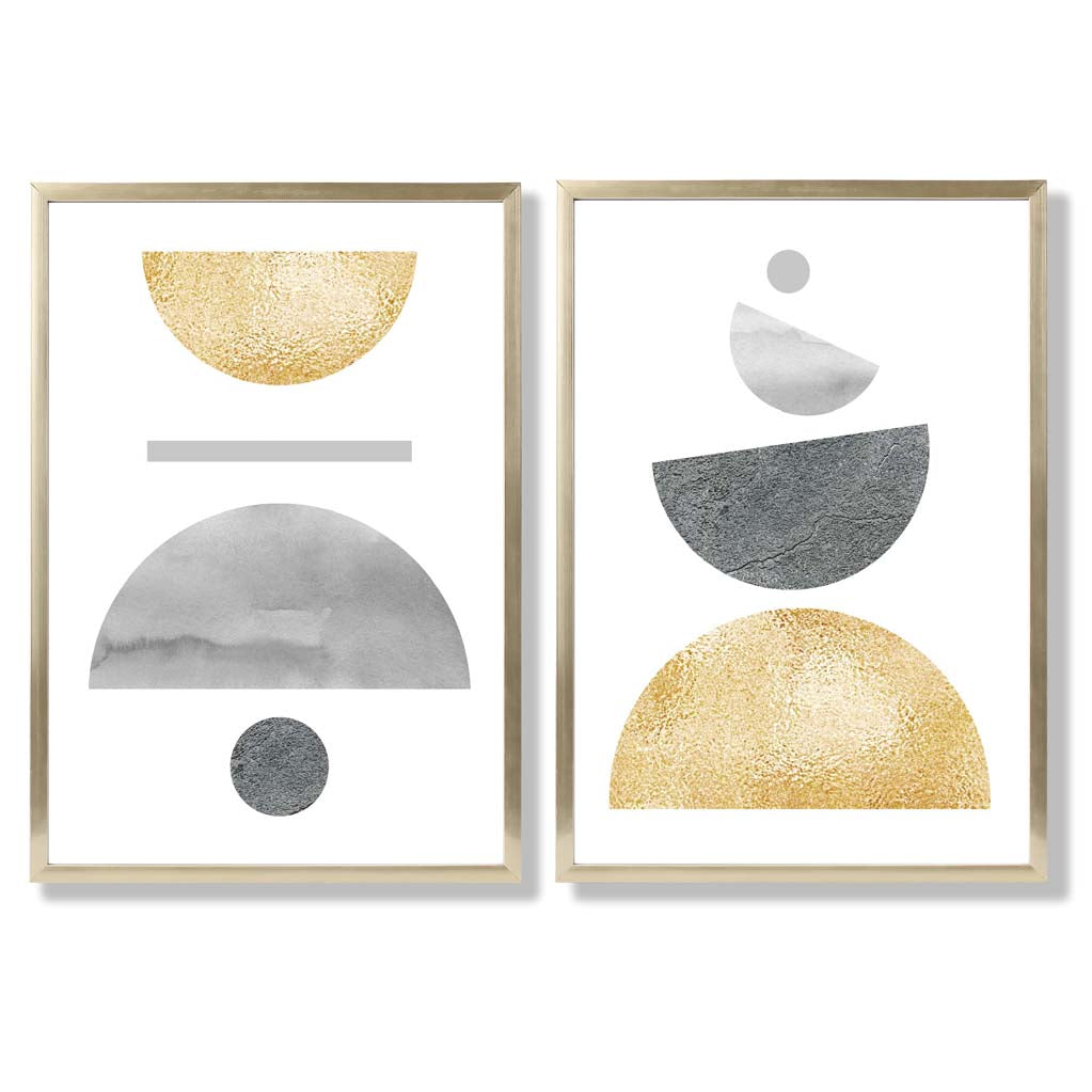 Mid Century Modern Grey and Yellow Set of 2 Art Prints with Gold Frame