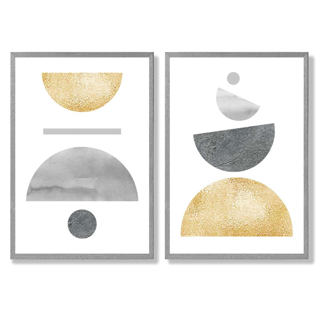Mid Century Modern Grey and Yellow Set of 2 Art Prints with Light Grey Frame
