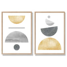 Mid Century Modern Grey and Yellow Set of 2 Art Prints with Oak Frame