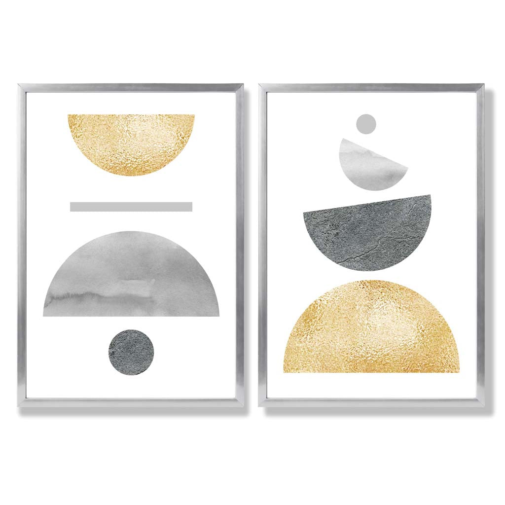 Mid Century Modern Grey and Yellow Set of 2 Art Prints with Silver Frame