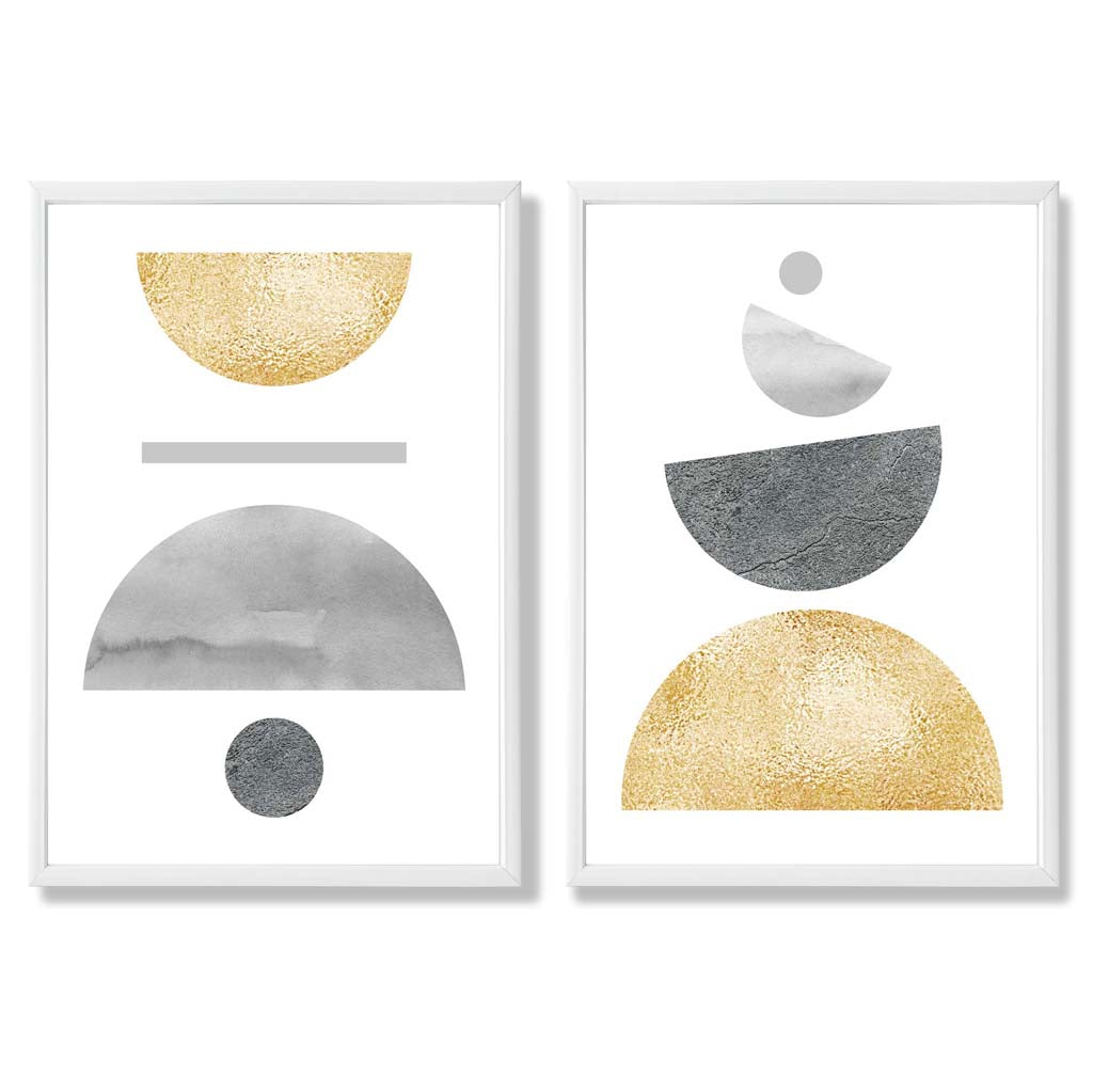 Mid Century Modern Grey and Yellow Set of 2 Art Prints with White Frame