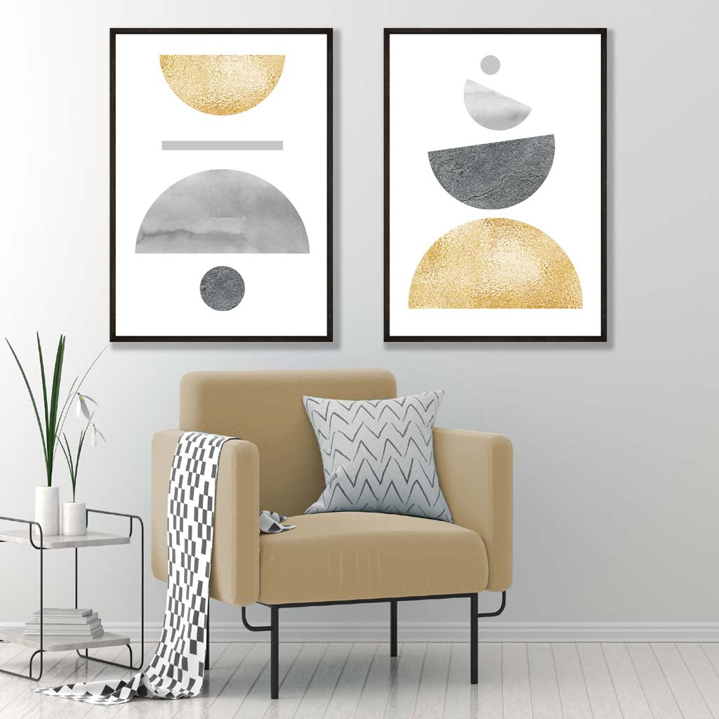 Mid Century Modern Grey and Yellow Set of 2 Art Prints in Black Frames From Artze Wall Art, UK