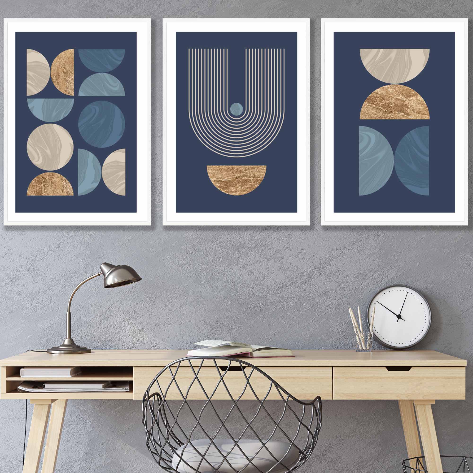 Set of 3 Geometric Mid Century Wall Art Prints in Navy Blue with Gold