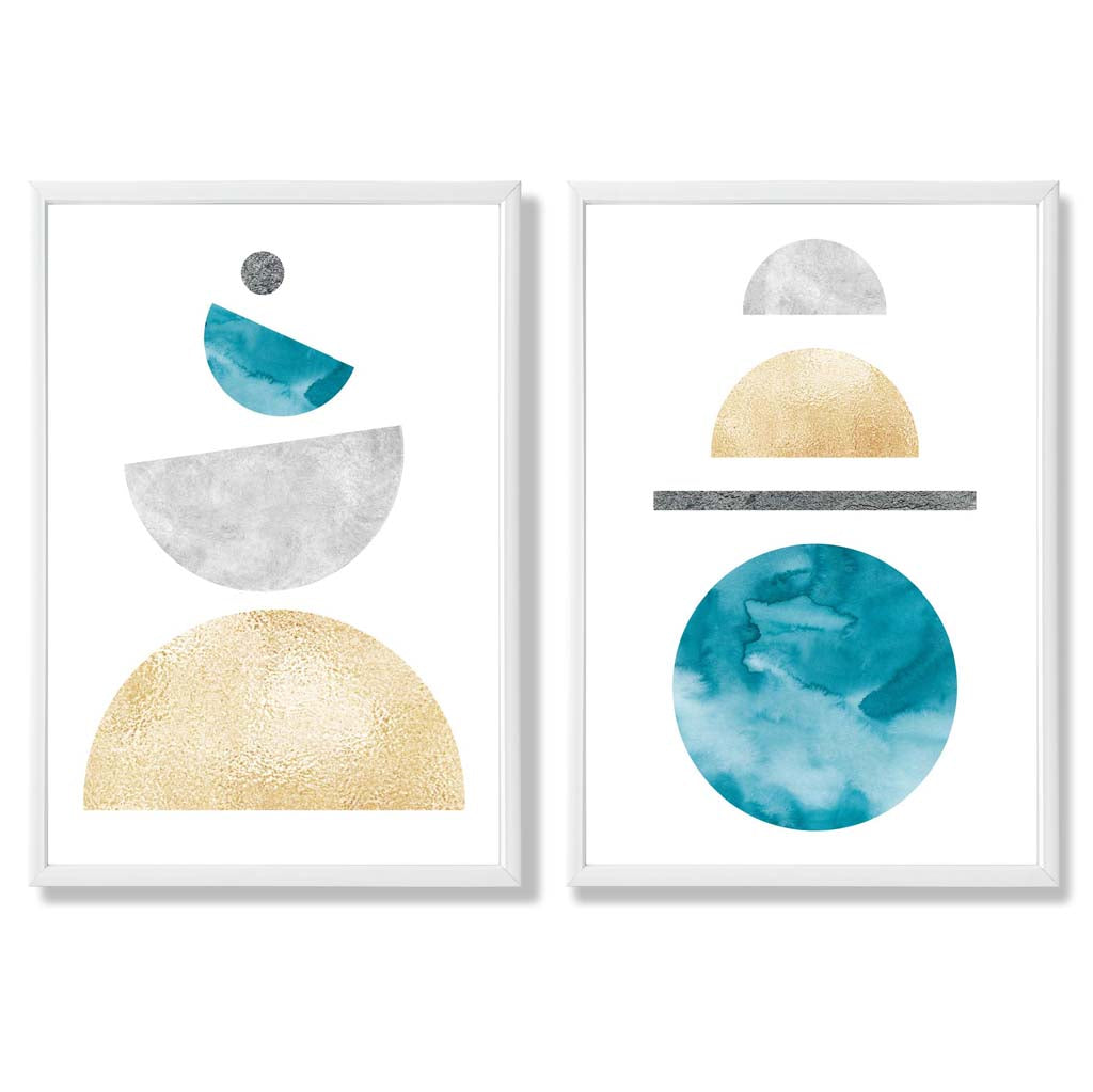 FB, FB2, Mid Century Modern, Geometric, Teal, Blue, Yellow, Grey with White Frame