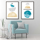 A Set of 2 Mid Century Modern Teal and Yellow Prints in Black Frames from Artze Wall Art UK