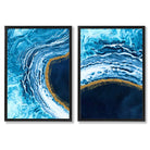 Blue and Gold Abstract Ocean Set of 2 Art Prints with Black Frame