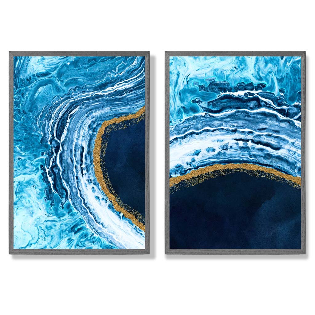 Blue and Gold Abstract Ocean Set of 2 Art Prints with Dark Grey Frame