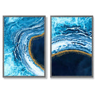 Blue and Gold Abstract Ocean Set of 2 Art Prints with Dark Grey Frame