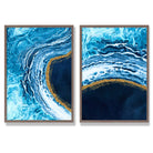 Blue and Gold Abstract Ocean Set of 2 Art Prints with Walnut Frame