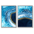 Blue and Gold Abstract Ocean Set of 2 Art Prints with Light Grey Frame