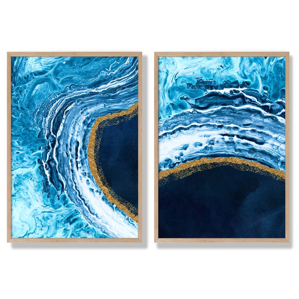 Blue and Gold Abstract Ocean Set of 2 Art Prints with Oak Frame