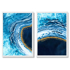Blue and Gold Abstract Ocean Set of 2 Art Prints with White Frame