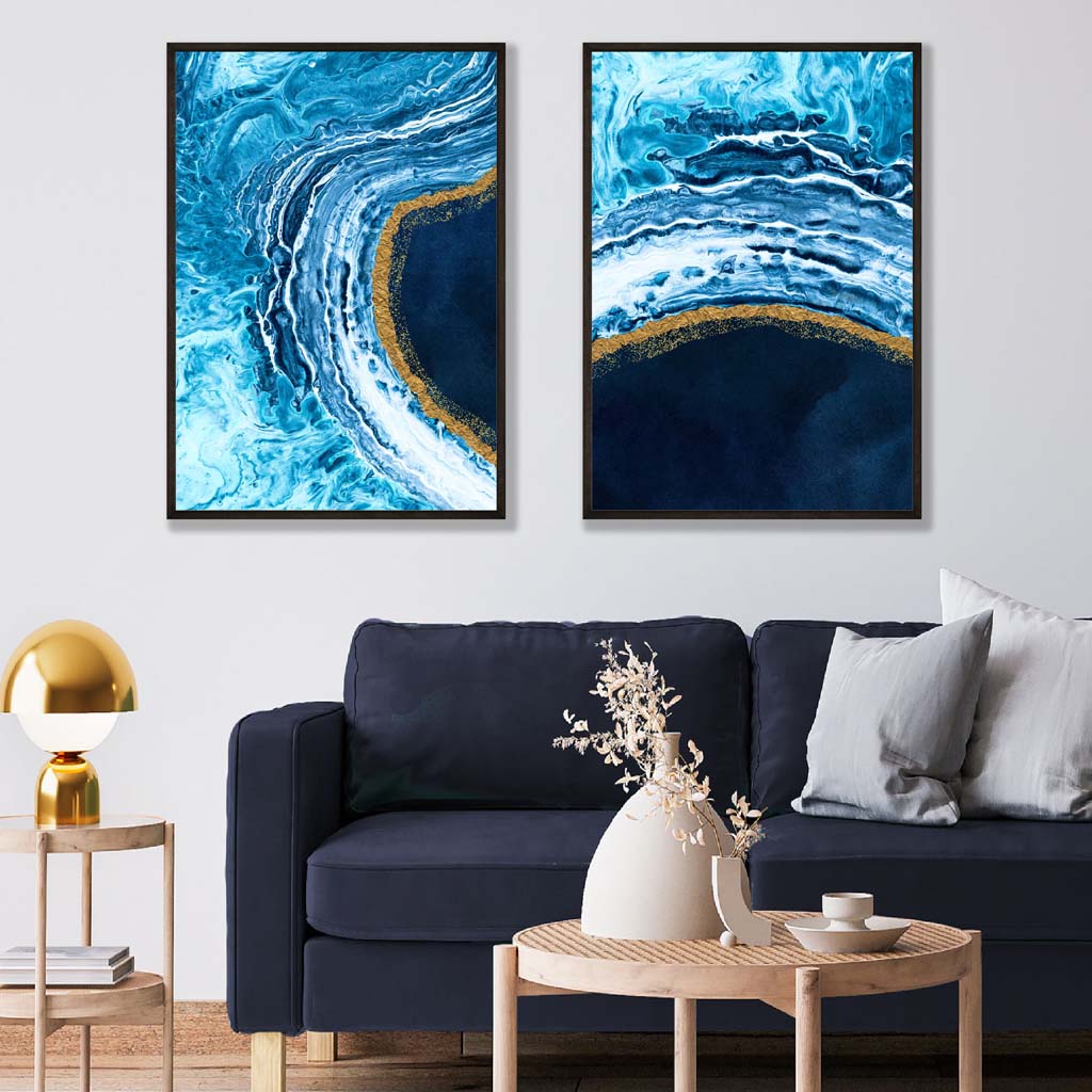 Blue Gold Abstract Ocean Set of 2 Art Posters | Artze Wall Art UK