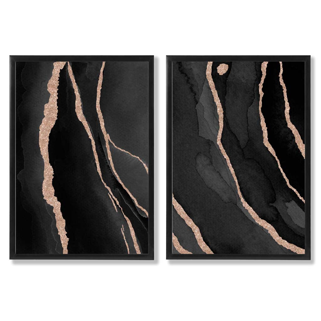 Black and Gold Abstract Set of 2 Art Prints with Black Frame