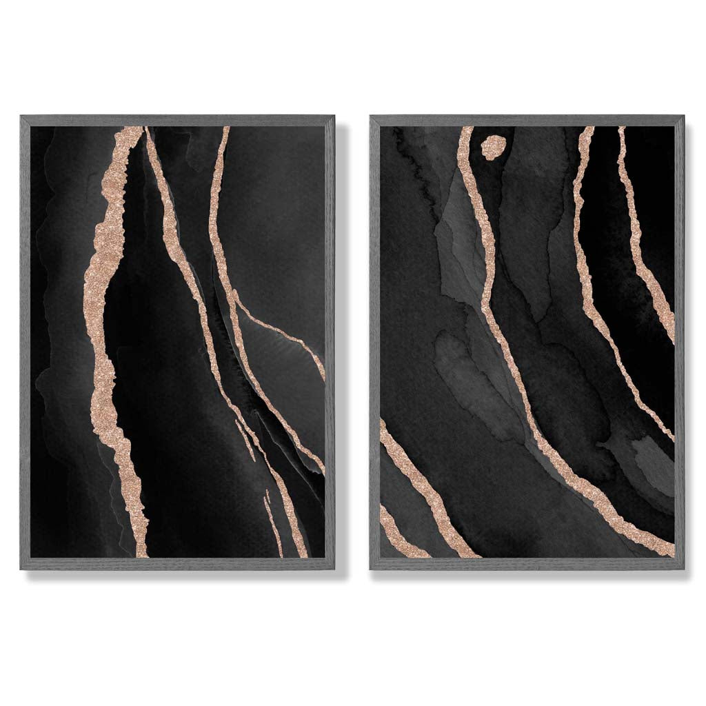 Black and Gold Abstract Set of 2 Art Prints with Dark Grey Frame