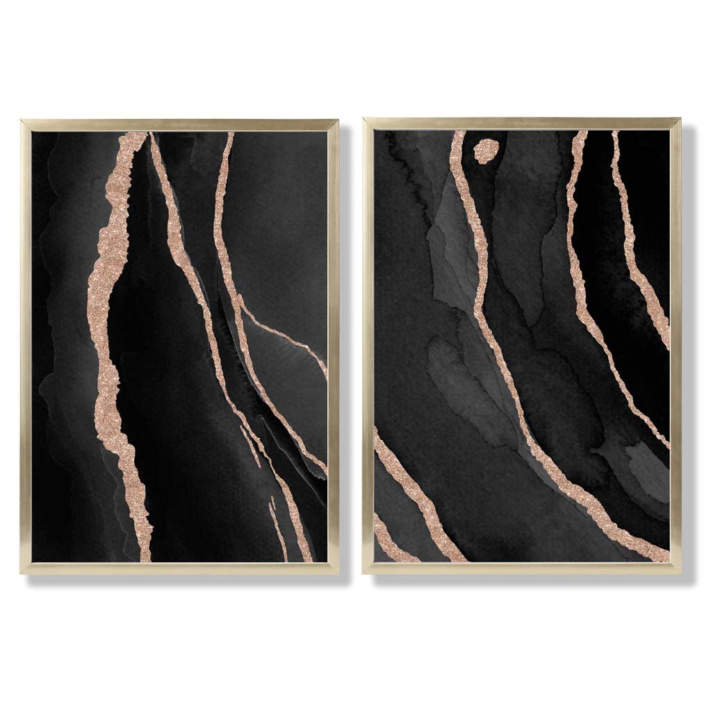 Black and Gold Abstract Set of 2 Art Prints with Gold Frame