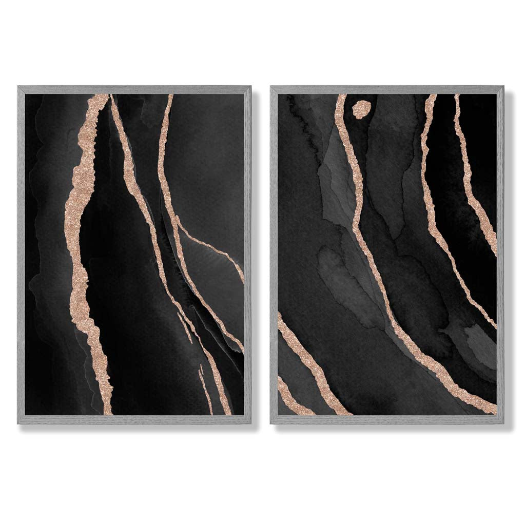 Black and Gold Abstract Set of 2 Art Prints with Light Grey Frame