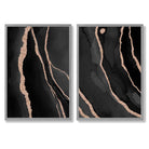 Black and Gold Abstract Set of 2 Art Prints with Light Grey Frame