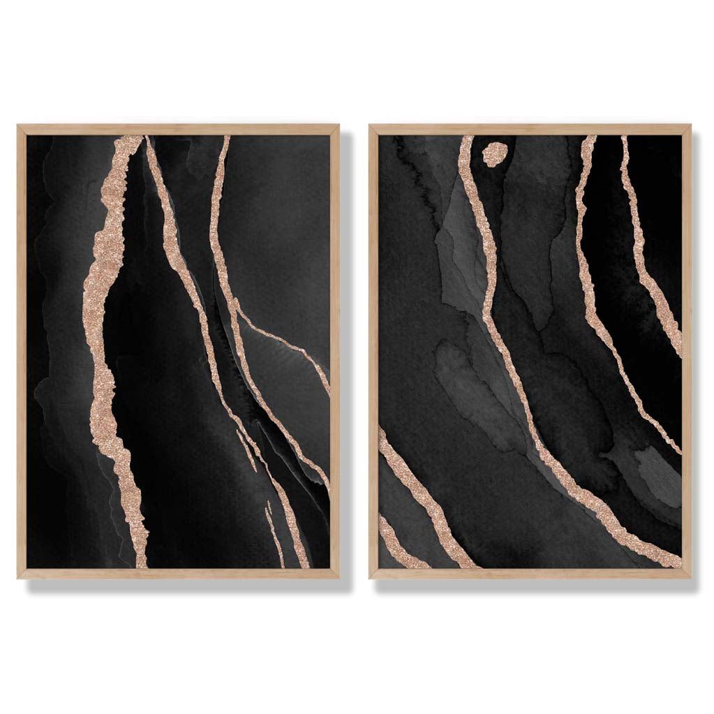 Black and Gold Abstract Set of 2 Art Prints with Oak Frame