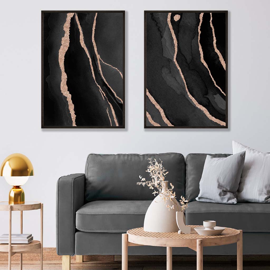 A Set of 2 Black and Gold Abstract Art Prints in Black Frames