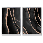 Black and Gold Abstract Set of 2 Art Prints with Silver Frame