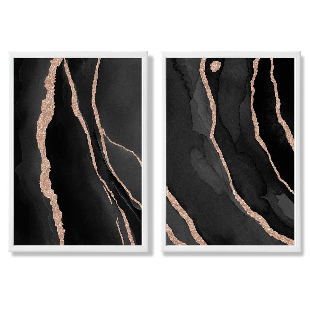 Black and Gold Abstract Set of 2 Art Prints with White Frame