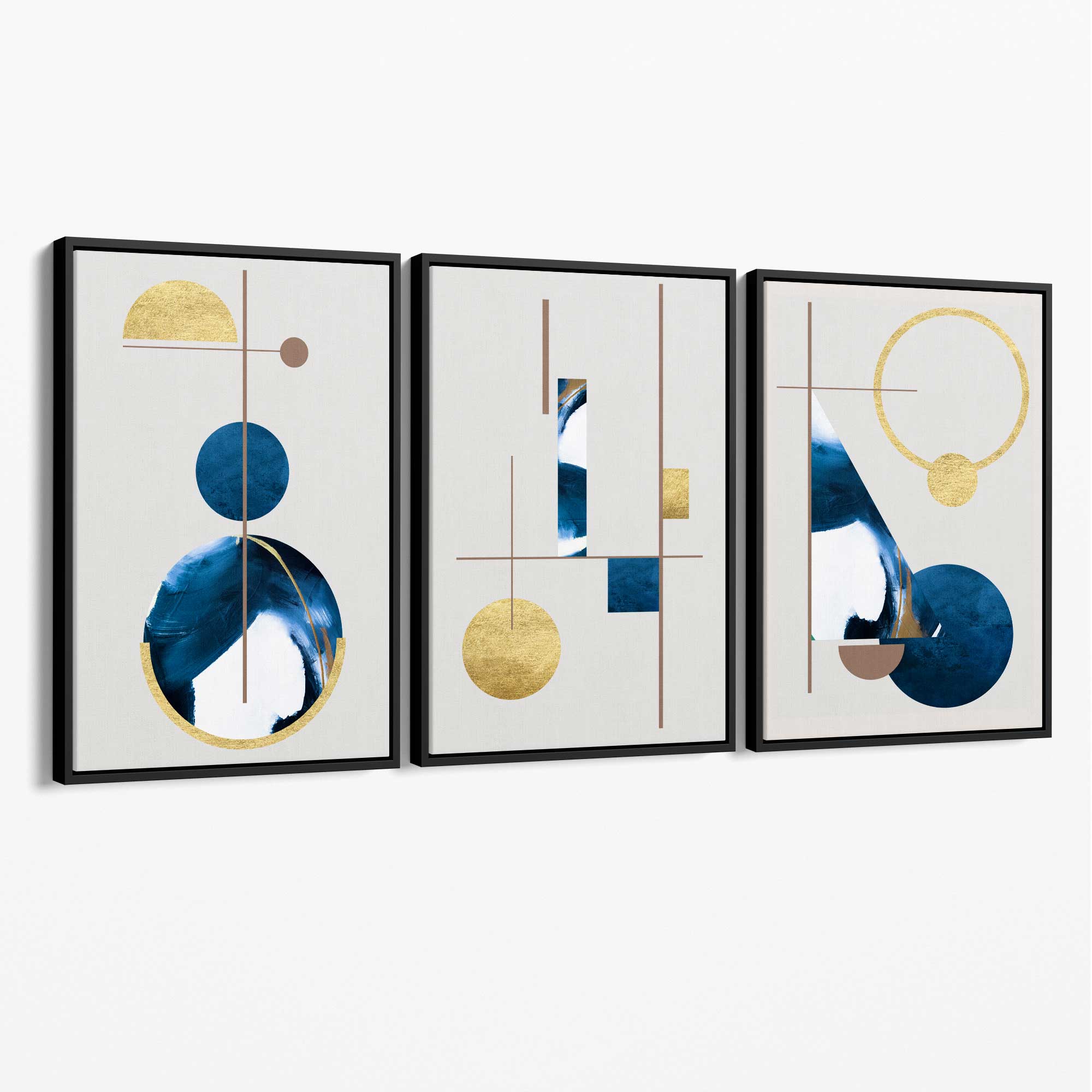 Abstract Set of 3 Textured Geometric in Navy Blue and Gold Canvas Art Prints with Black Float Frame