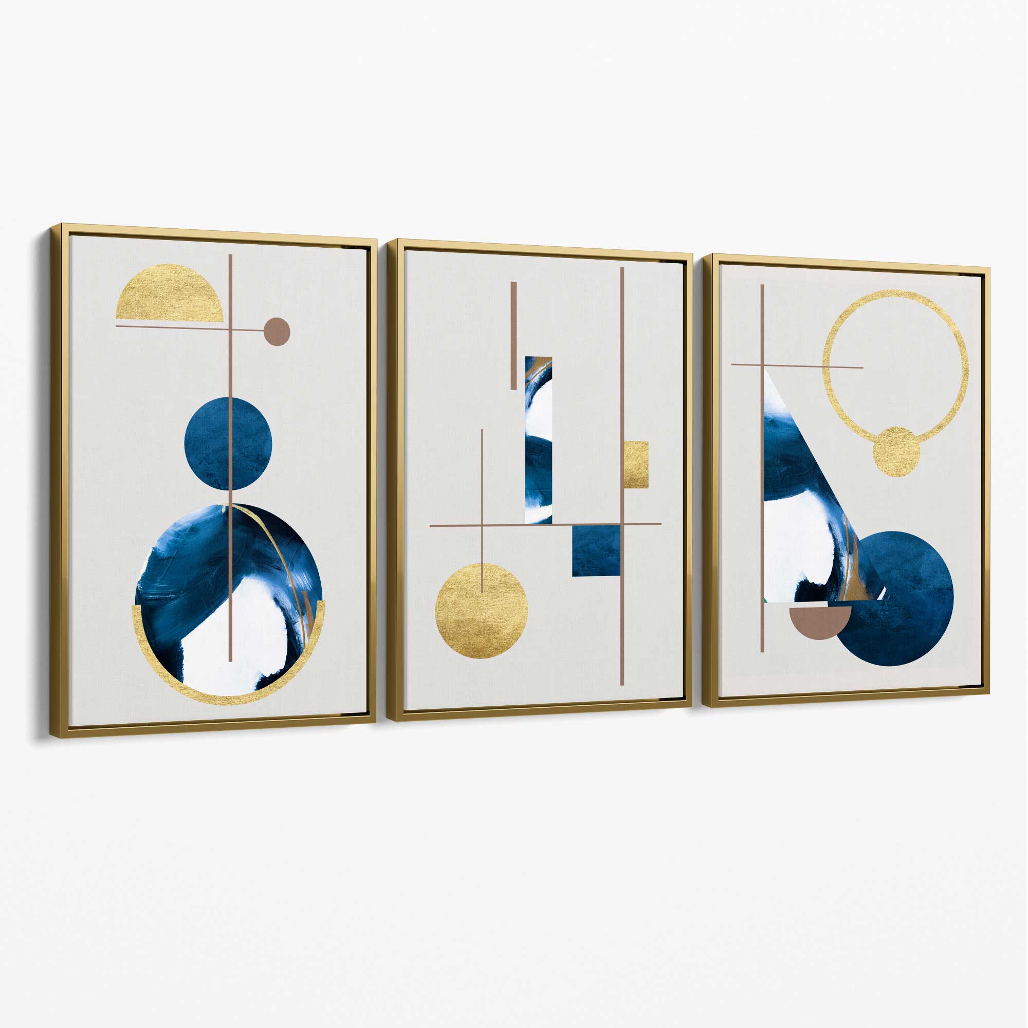 Abstract Set of 3 Textured Geometric in Navy Blue and Gold Canvas Art Prints with Gold Float Frame