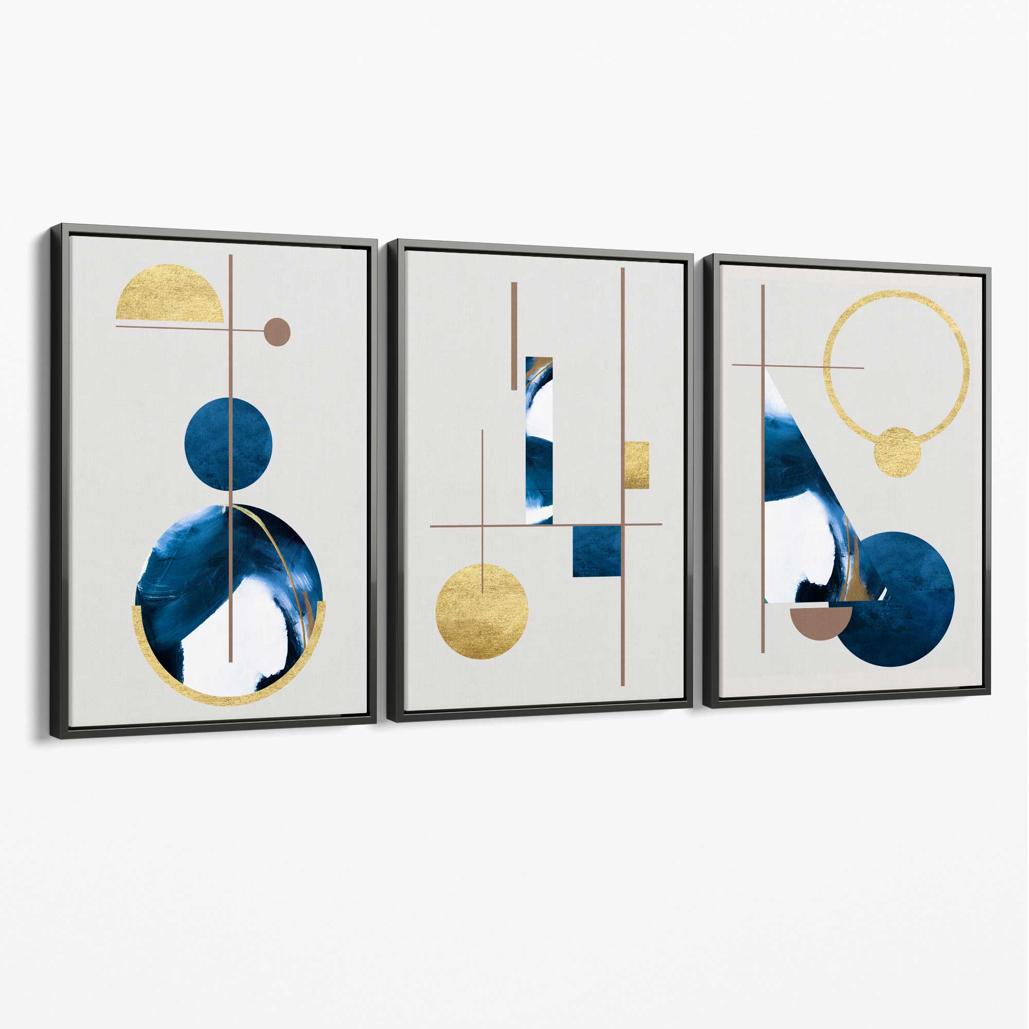 Abstract Set of 3 Textured Geometric in Navy Blue and Gold Canvas Art Prints with Grey Float Frame