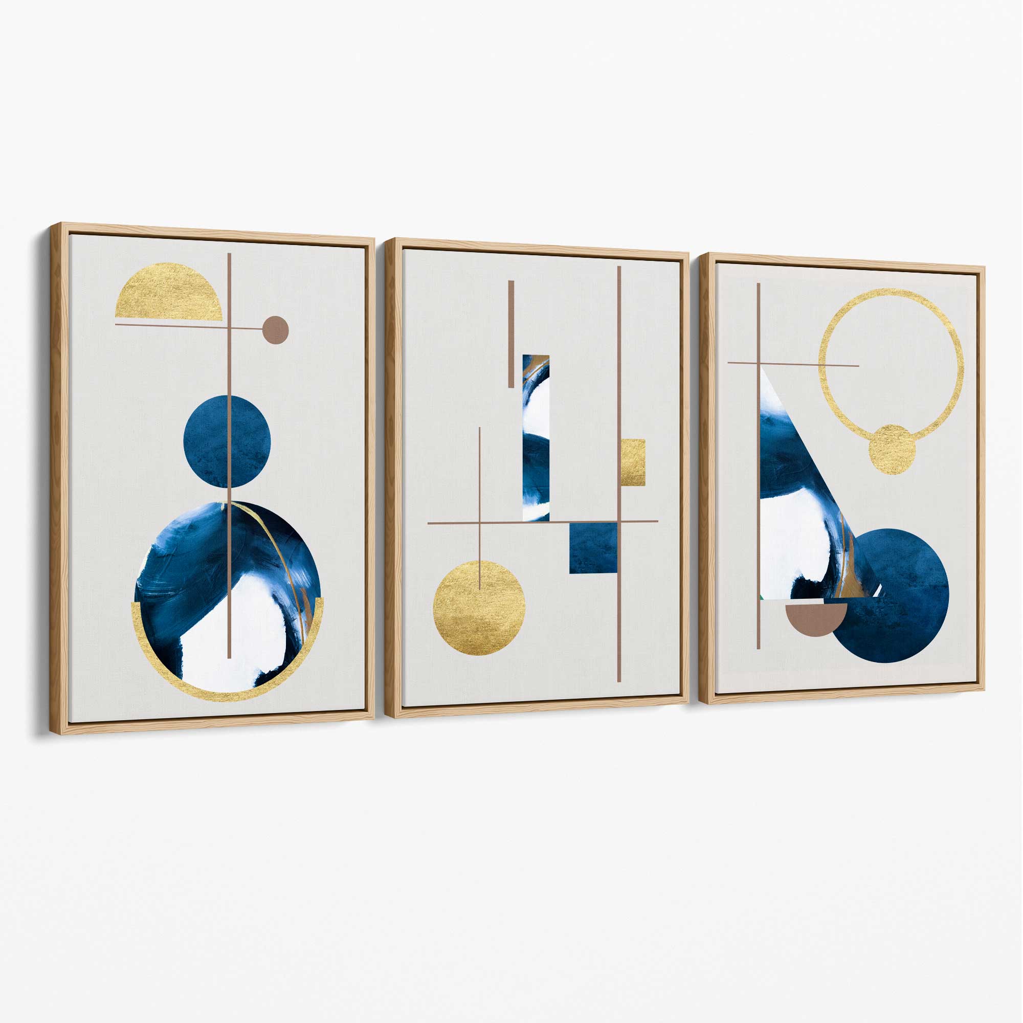 Abstract Set of 3 Textured Geometric in Navy Blue and Gold Canvas Art Prints with Oak Float Frame