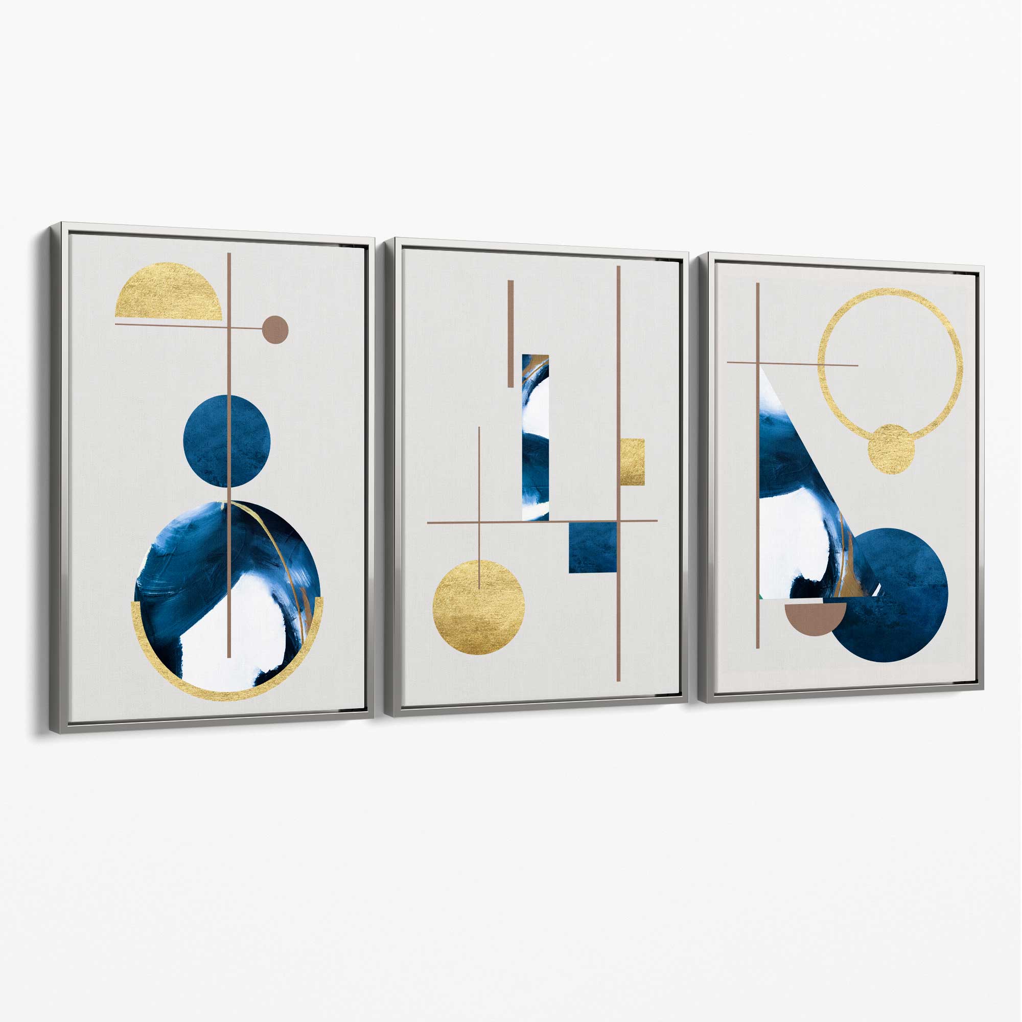 Abstract Set of 3 Textured Geometric in Navy Blue and Gold Canvas Art Prints with Silver Float Frame