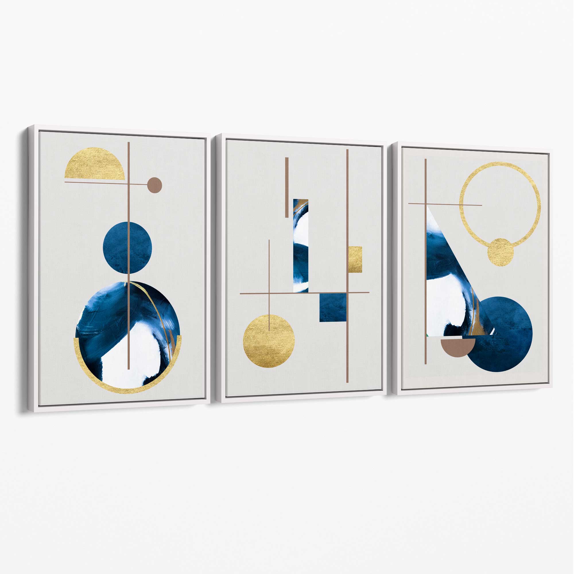 Abstract Set of 3 Textured Geometric in Navy Blue and Gold Canvas Art Prints with White Float Frame