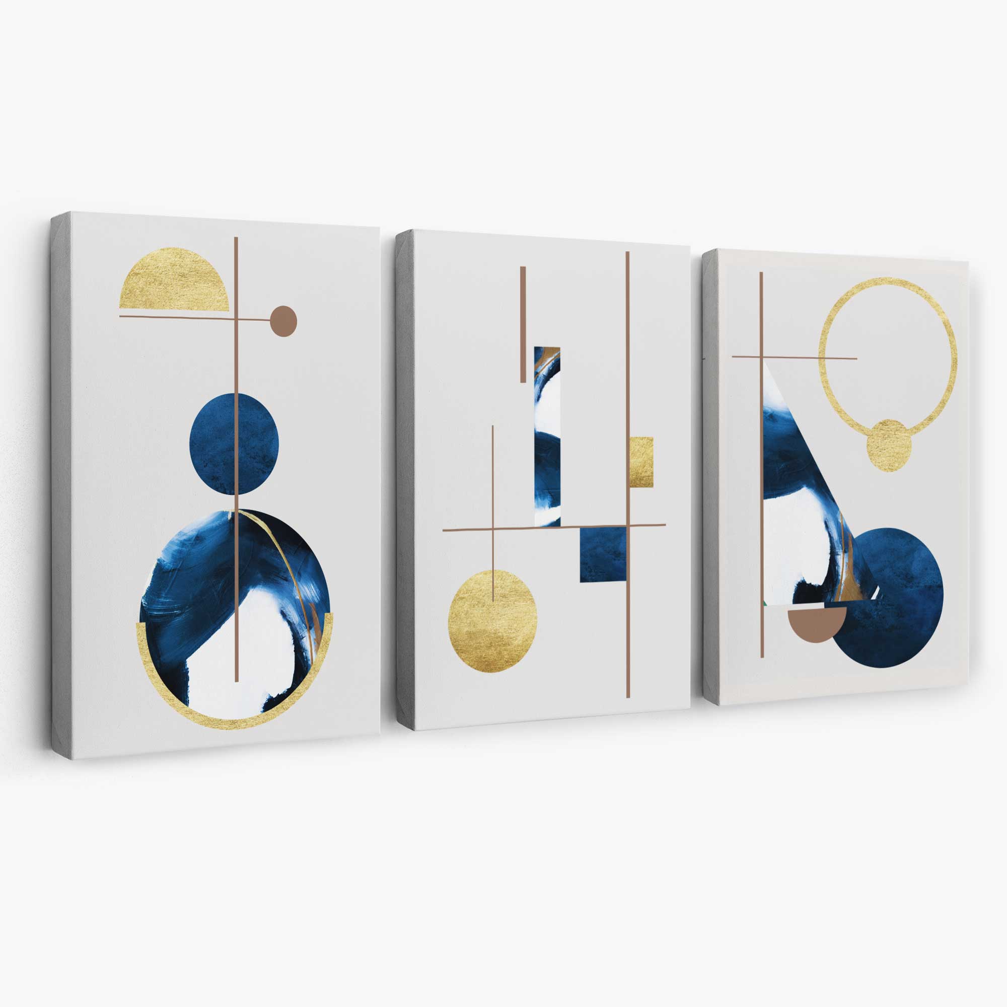 Abstract Set of 3 Textured Geometric in Navy Blue and Gold Canvas Art Prints | Artze Wall Art