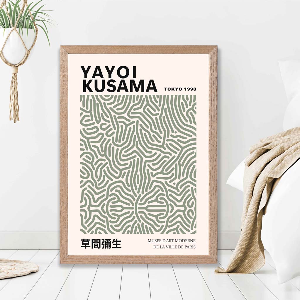 Yayoi Kusama Infinity in Green print in Light Oak Frame