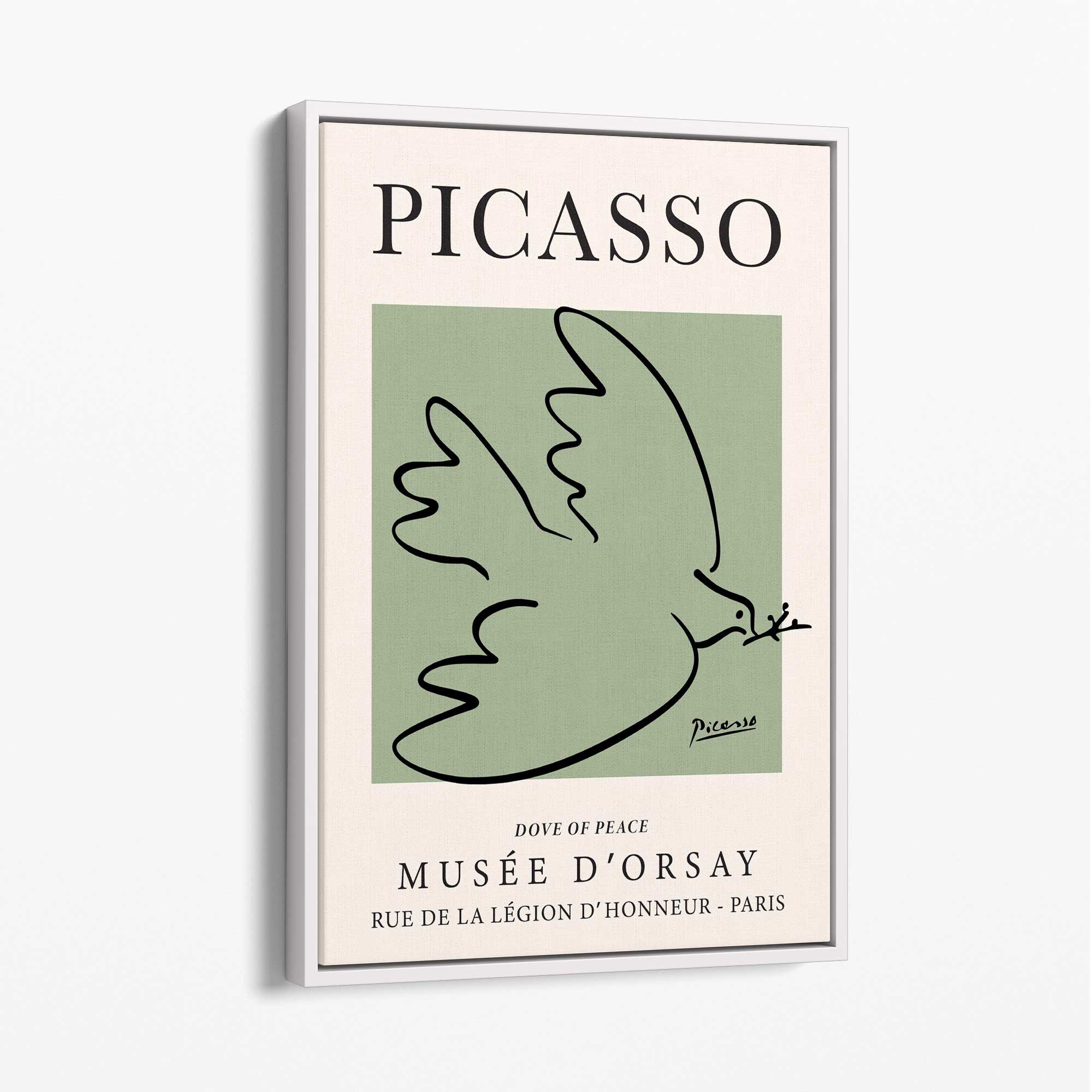 Picasso Dove on Sage Green Canvas Art Print with White Float Frame
